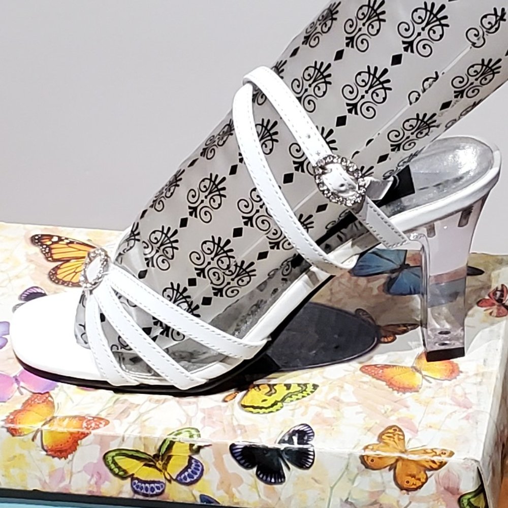 Clear heeled white boudoir sandals